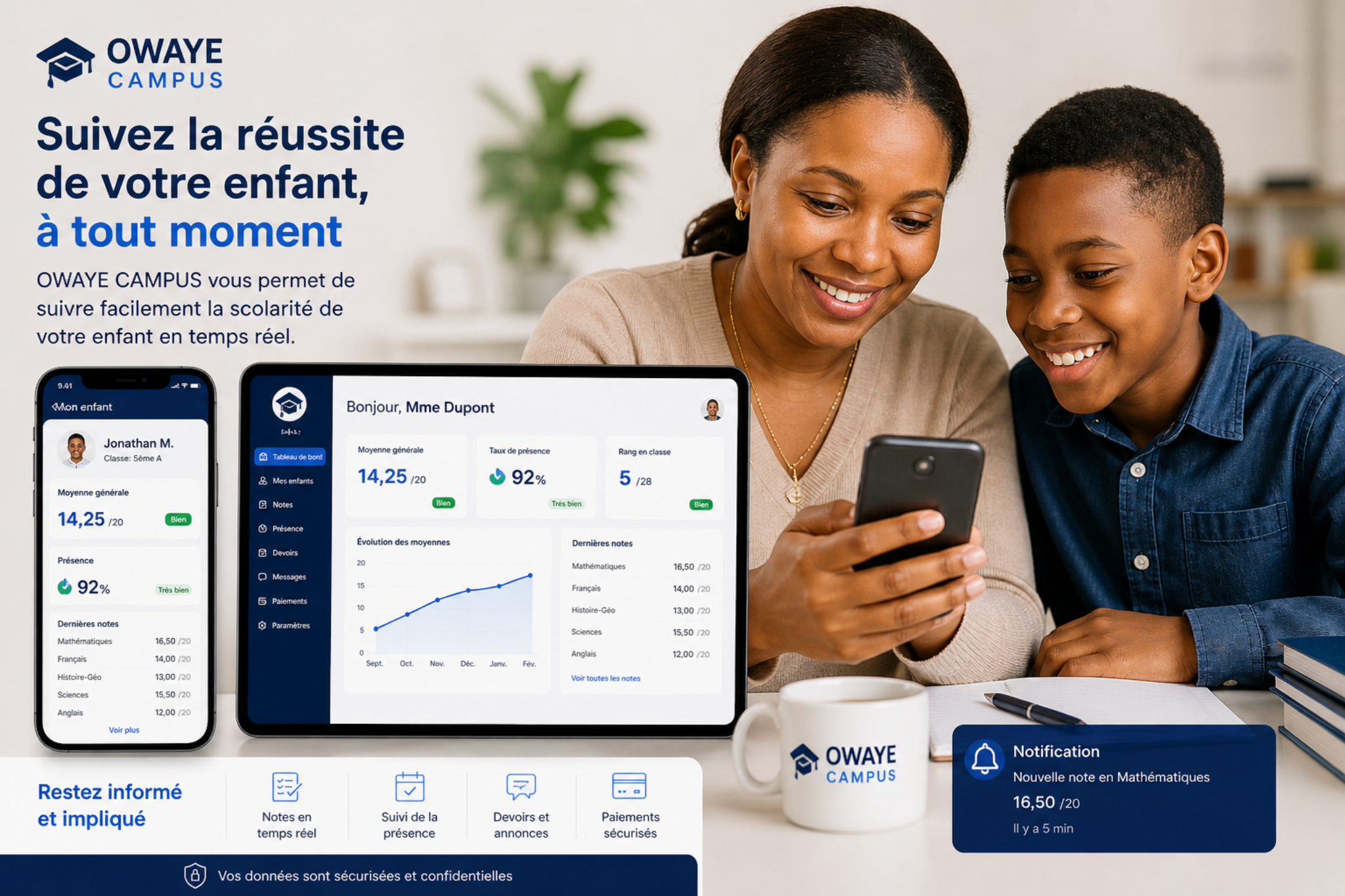 Parent suivant son enfant avec OWAYE CAMPUS