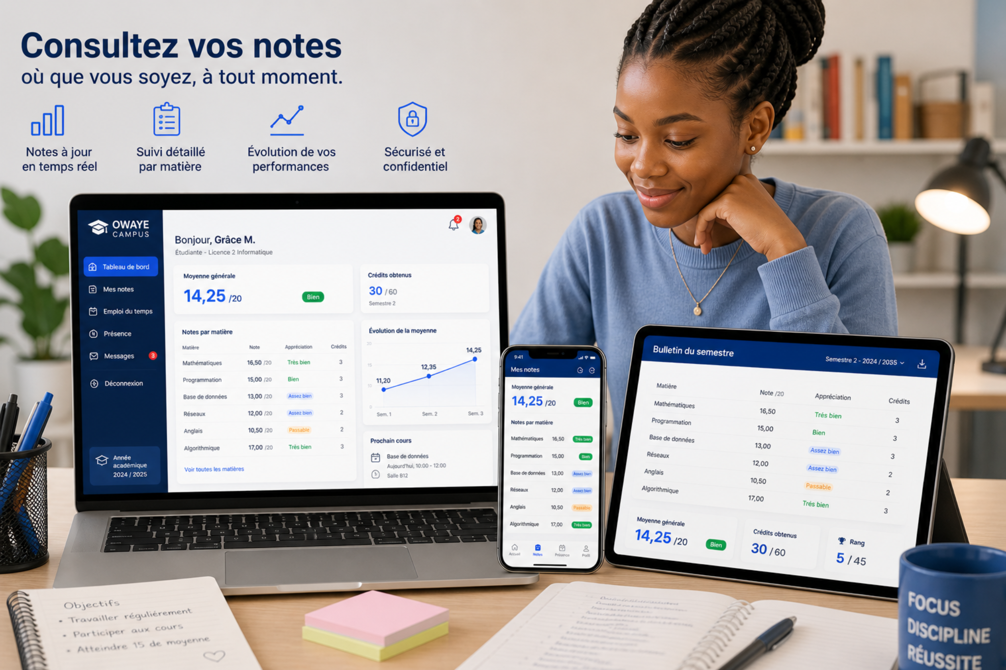 Étudiante consultant ses notes avec OWAYE CAMPUS